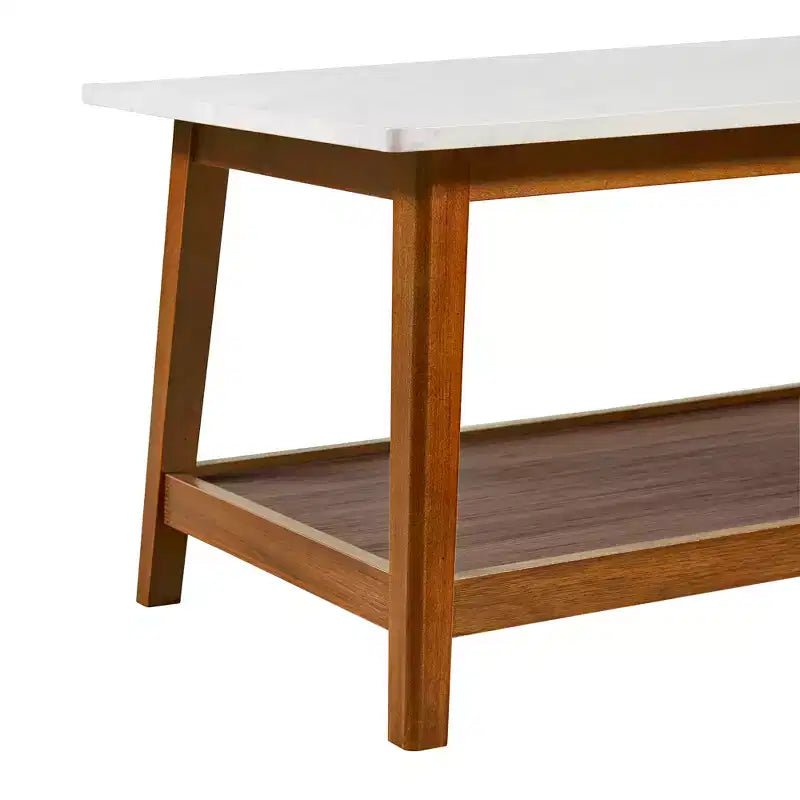 Table basse avec plateau en faux marbre et étagère de rangement, noyer