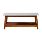 Table basse avec plateau en faux marbre et étagère de rangement, noyer