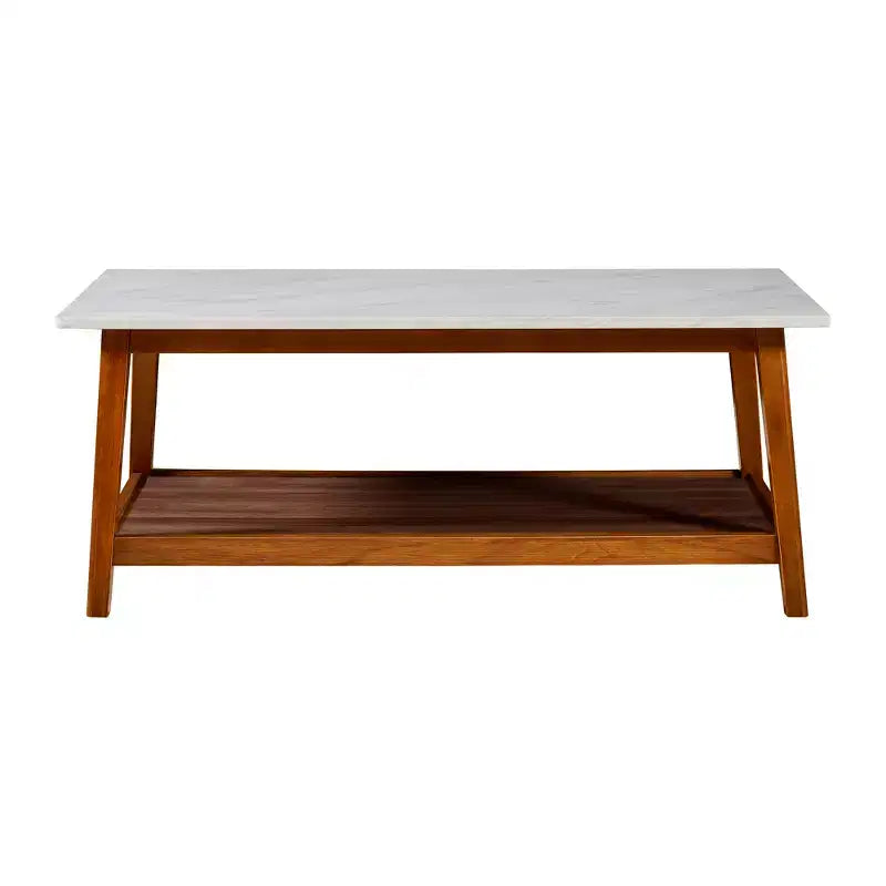 Table basse avec plateau en faux marbre et étagère de rangement, noyer