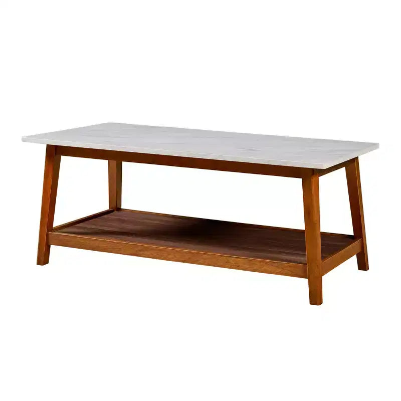 Table basse avec plateau en faux marbre et étagère de rangement, noyer
