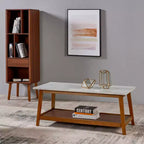 Table basse avec plateau en faux marbre et étagère de rangement, noyer