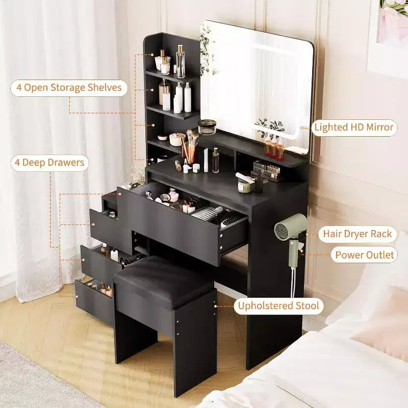 36 Vanity Desk with Mirror & LED Lights, Power Outlets, USB Ports, 4 Drawers, Storage Shelves, Stool, 3-Color Lighting for Bedroom, White