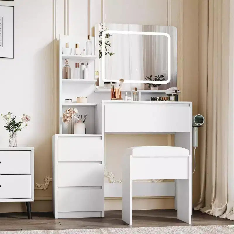 36 Vanity Desk with Mirror & LED Lights, Power Outlets, USB Ports, 4 Drawers, Storage Shelves, Stool, 3-Color Lighting for Bedroom, White