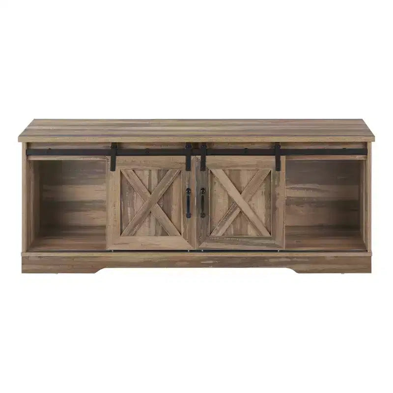 Meuble TV aspect bois recyclé pour téléviseurs jusqu'à 60 pouces avec portes coulissantes de style grange, marron, console média de style moderne-rustique