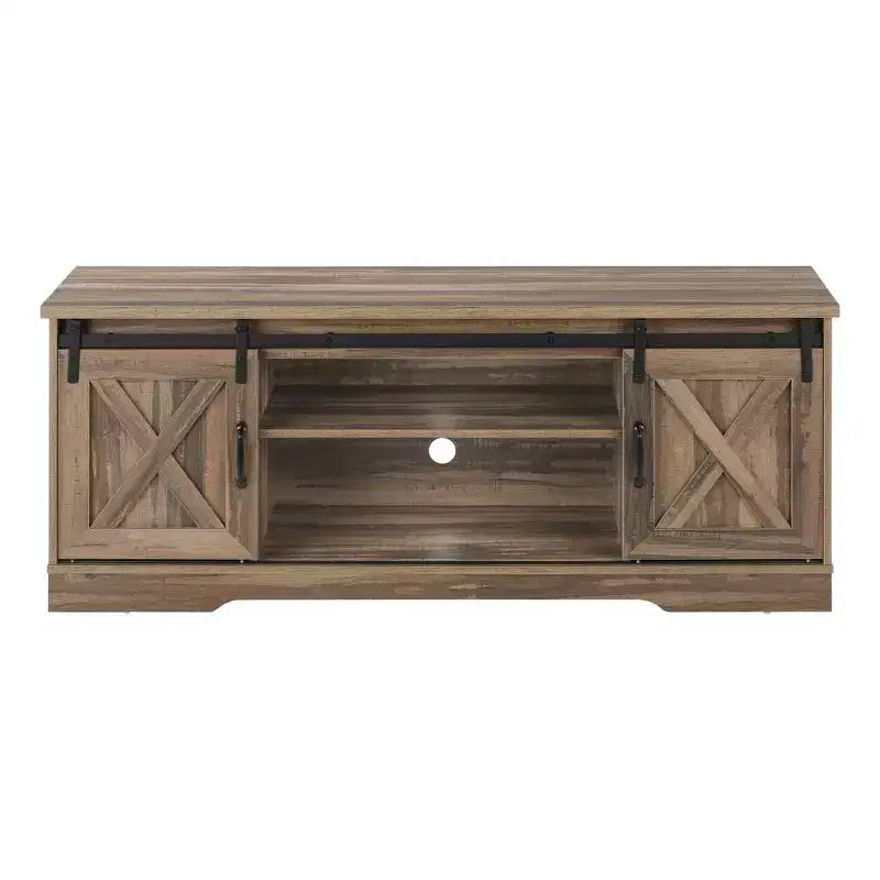 Meuble TV aspect bois recyclé pour téléviseurs jusqu'à 60 pouces avec portes coulissantes de style grange, marron, console média de style moderne-rustique