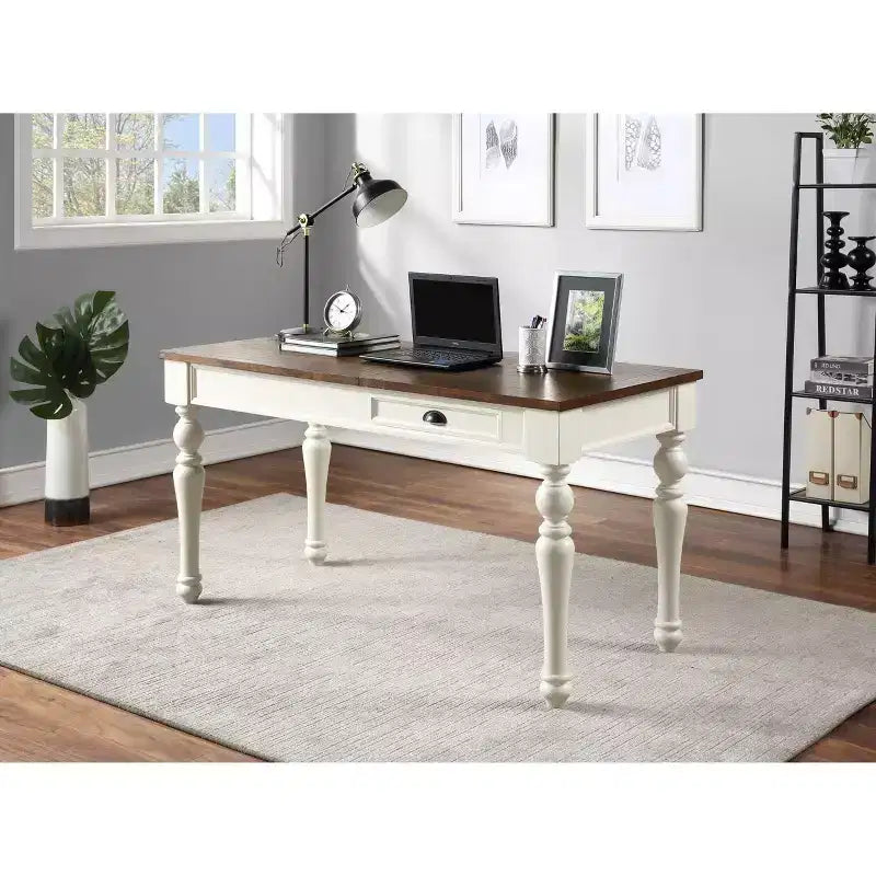 Bureau relevable ivoire/moka, style campagnard, hauteur réglable avec tiroir