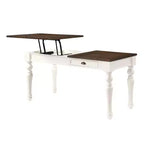 Bureau relevable ivoire/moka, style campagnard, hauteur réglable avec tiroir
