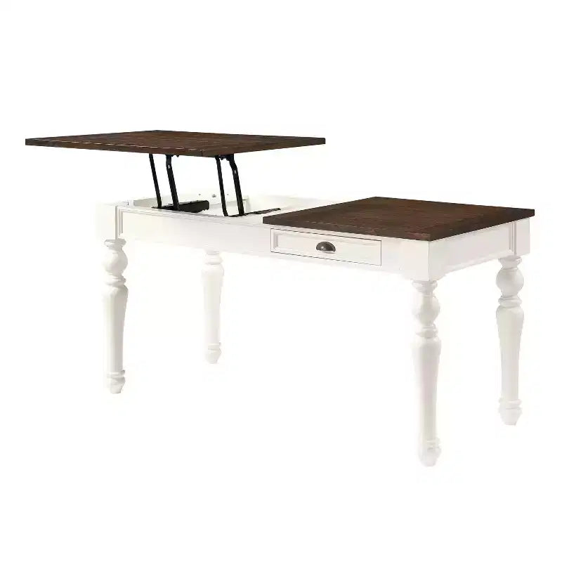 Bureau relevable ivoire/moka, style campagnard, hauteur réglable avec tiroir