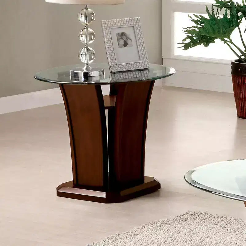 Table d'appoint ronde en verre, merisier brun, pied contemporain, dessus en verre trempé, étagère ouverte