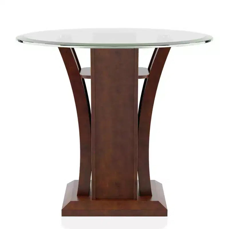 Table d'appoint ronde en verre, merisier brun, pied contemporain, dessus en verre trempé, étagère ouverte