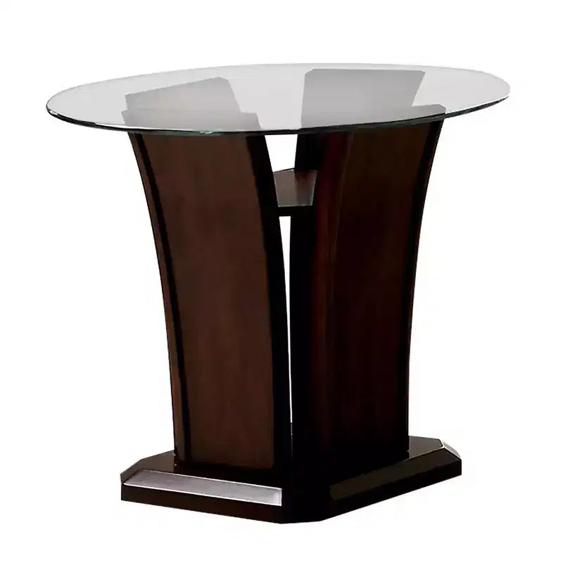Table d'appoint ronde en verre, merisier brun, pied contemporain, dessus en verre trempé, étagère ouverte