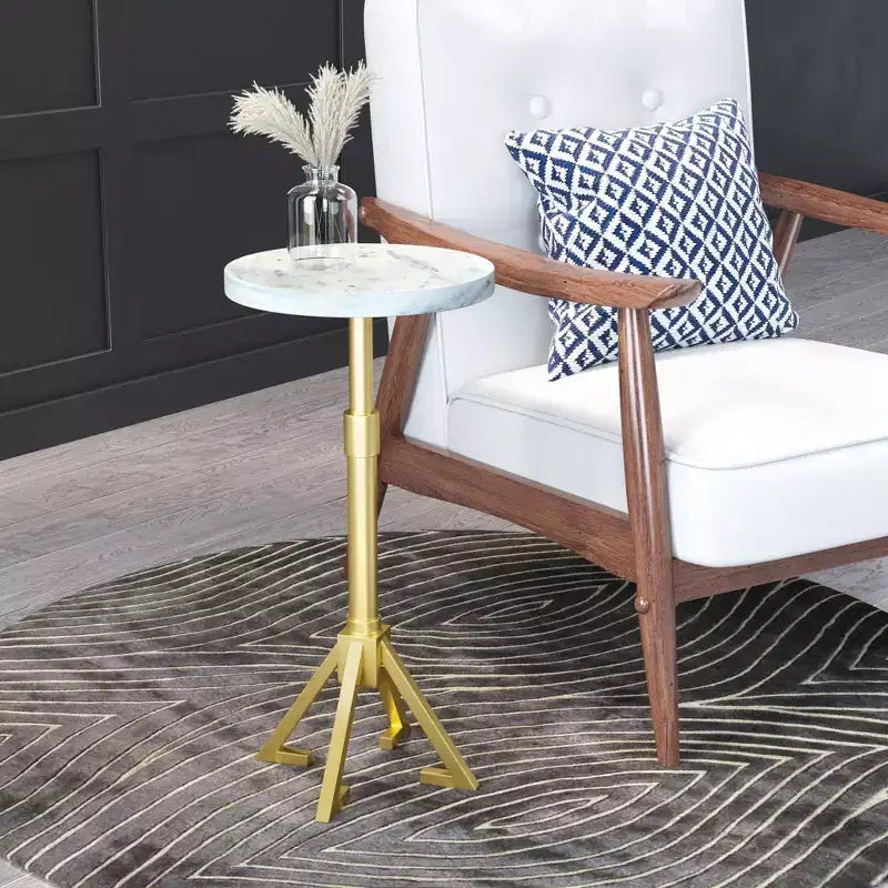 Table d'appoint Marbre Blanc, Cadre Rond en Fer Moderne, Finition Dorée, 56 cm Hauteur, 28 cm Largeur, Capacité 20 kg
