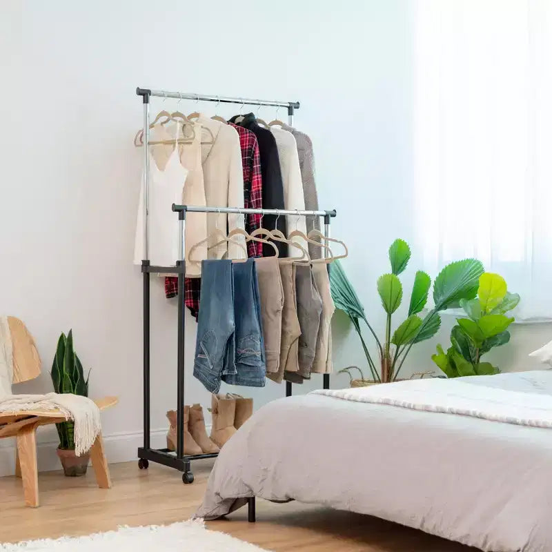 Portant à vêtements réglable en métal, tringle à vêtements avec roulettes