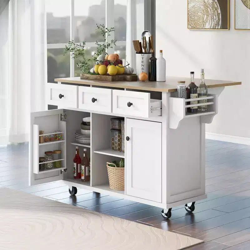 Îlot de cuisine avec plateau abattant, Desserte de cuisine à 5 roulettes, Meuble de rangement et 3 tiroirs