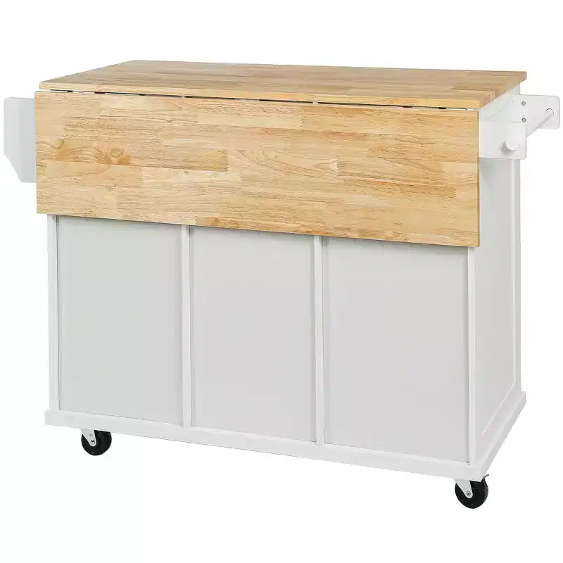 Îlot de cuisine avec plateau abattant, Desserte de cuisine à 5 roulettes, Meuble de rangement et 3 tiroirs
