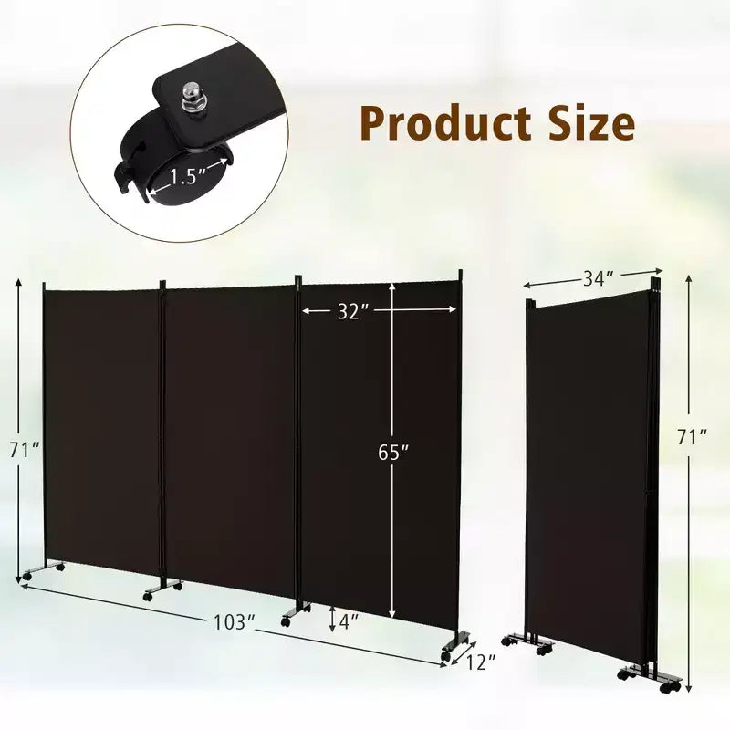Paravent pliable à 3 panneaux 183 cm sur roulettes verrouillables, Noir/Marron/Gris/Blanc