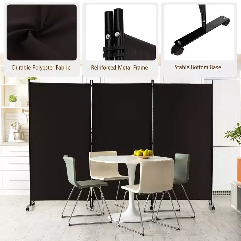 Paravent pliable à 3 panneaux 183 cm sur roulettes verrouillables, Noir/Marron/Gris/Blanc