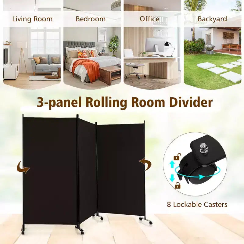 Paravent pliable à 3 panneaux 183 cm sur roulettes verrouillables, Noir/Marron/Gris/Blanc