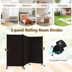 Paravent pliable à 3 panneaux 183 cm sur roulettes verrouillables, Noir/Marron/Gris/Blanc