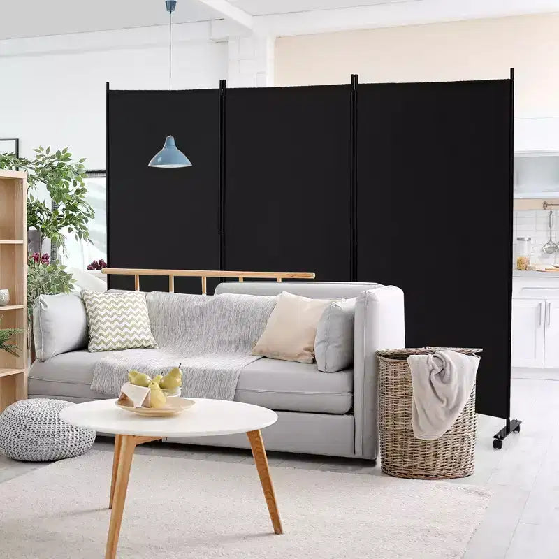 3-Panel Folding Room Divider 6Ft Rolling Privacy Screen with Lockable Wheels, Black/Brown/Grey/White