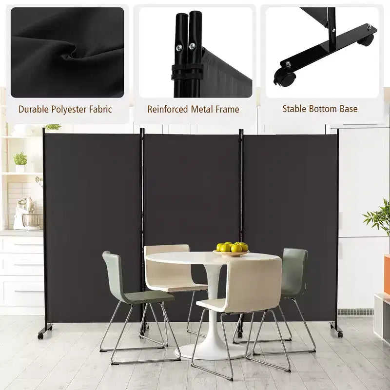 Paravent pliable à 3 panneaux 183 cm sur roulettes verrouillables, Noir/Marron/Gris/Blanc