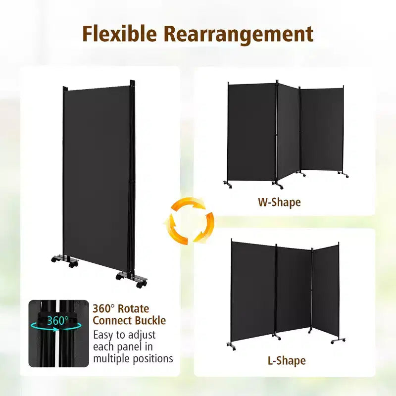Paravent pliable à 3 panneaux 183 cm sur roulettes verrouillables, Noir/Marron/Gris/Blanc
