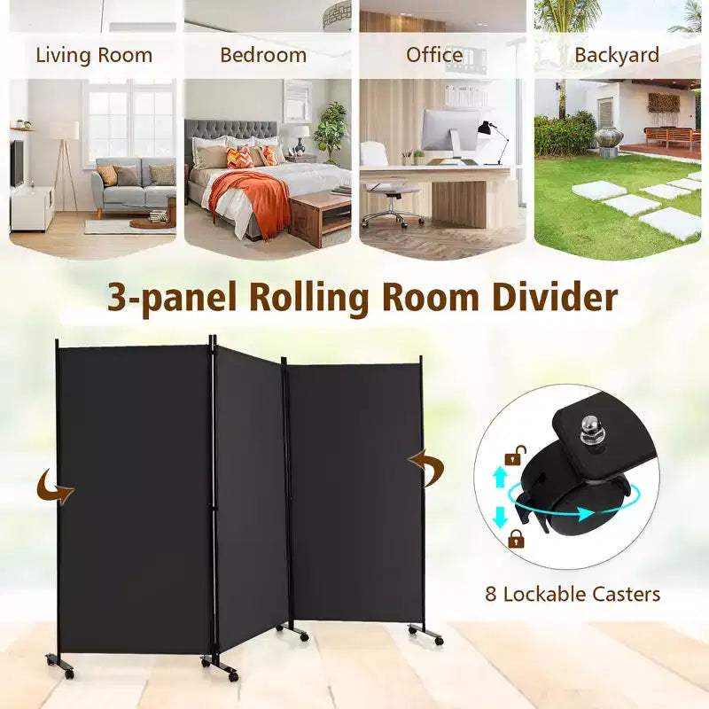 Paravent pliable à 3 panneaux 183 cm sur roulettes verrouillables, Noir/Marron/Gris/Blanc