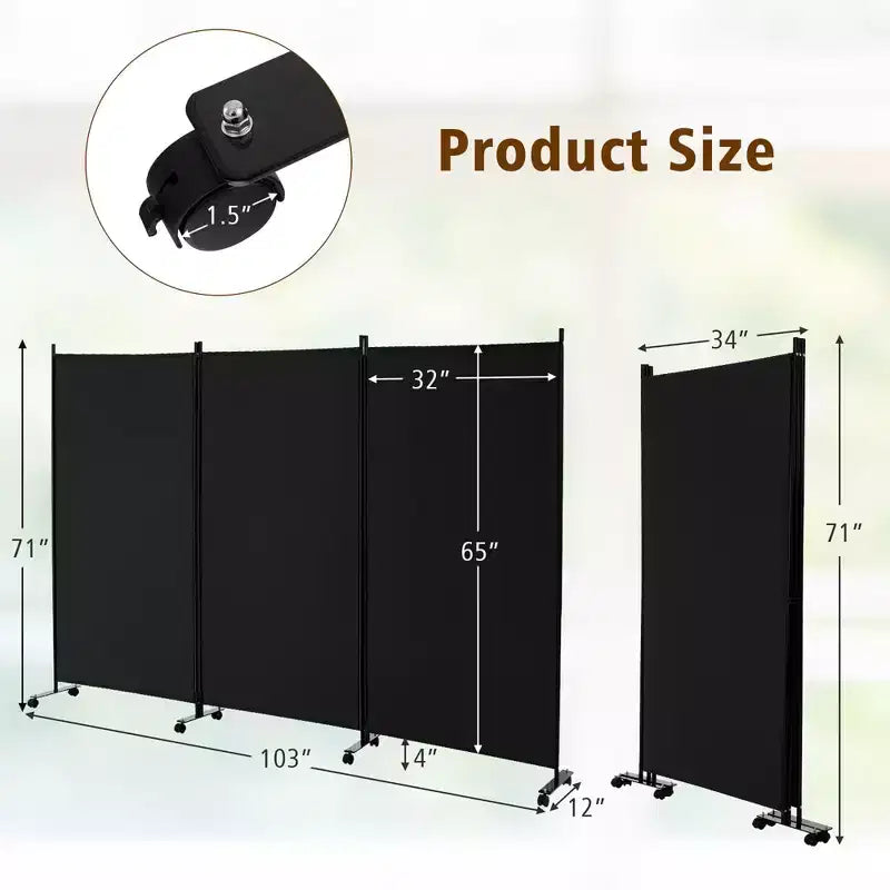 Paravent pliable à 3 panneaux 183 cm sur roulettes verrouillables, Noir/Marron/Gris/Blanc