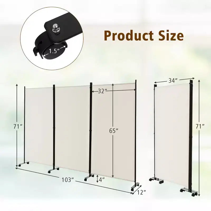 Paravent pliable à 3 panneaux 183 cm sur roulettes verrouillables, Noir/Marron/Gris/Blanc