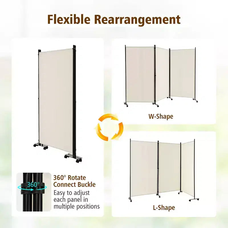 Paravent pliable à 3 panneaux 183 cm sur roulettes verrouillables, Noir/Marron/Gris/Blanc