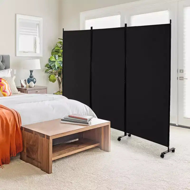 3-Panel Folding Room Divider 6Ft Rolling Privacy Screen with Lockable Wheels, Black/Brown/Grey/White