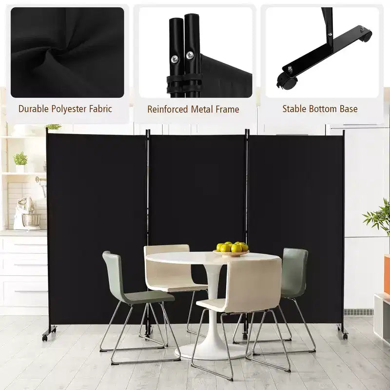 3-Panel Folding Room Divider 6Ft Rolling Privacy Screen with Lockable Wheels, Black/Brown/Grey/White