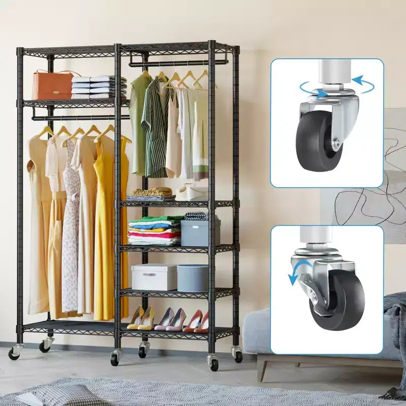 Portant à vêtements robuste avec double tringle et roulettes verrouillables