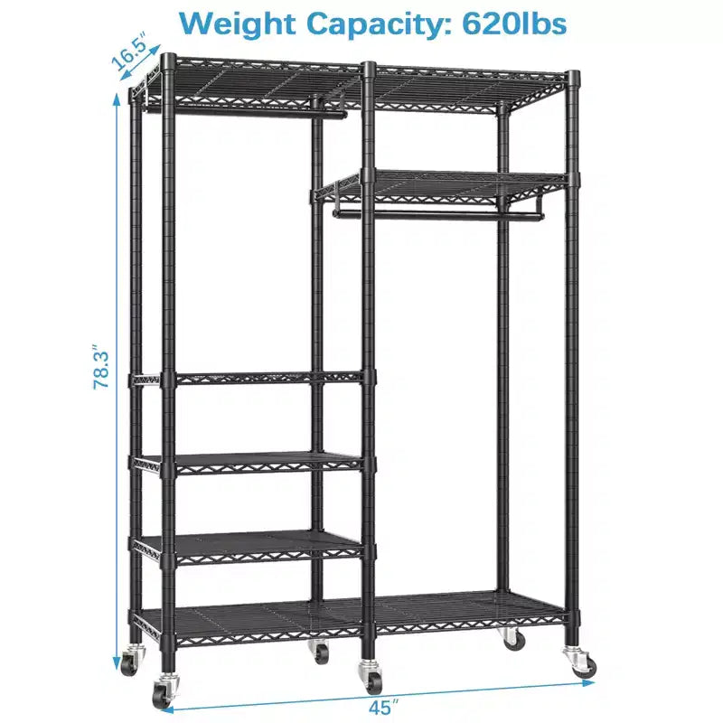 Portant à vêtements robuste avec double tringle et roulettes verrouillables