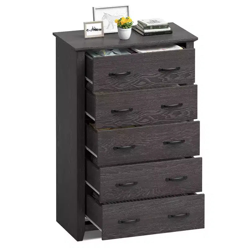 Commode de rangement à 5 tiroirs Armoire haute Meuble de rangement Chambre Couloir Gris foncé/Noyer