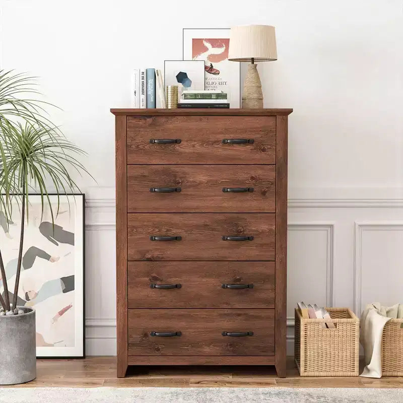 Commode de rangement à 5 tiroirs Armoire haute Meuble de rangement Chambre Couloir Gris foncé/Noyer
