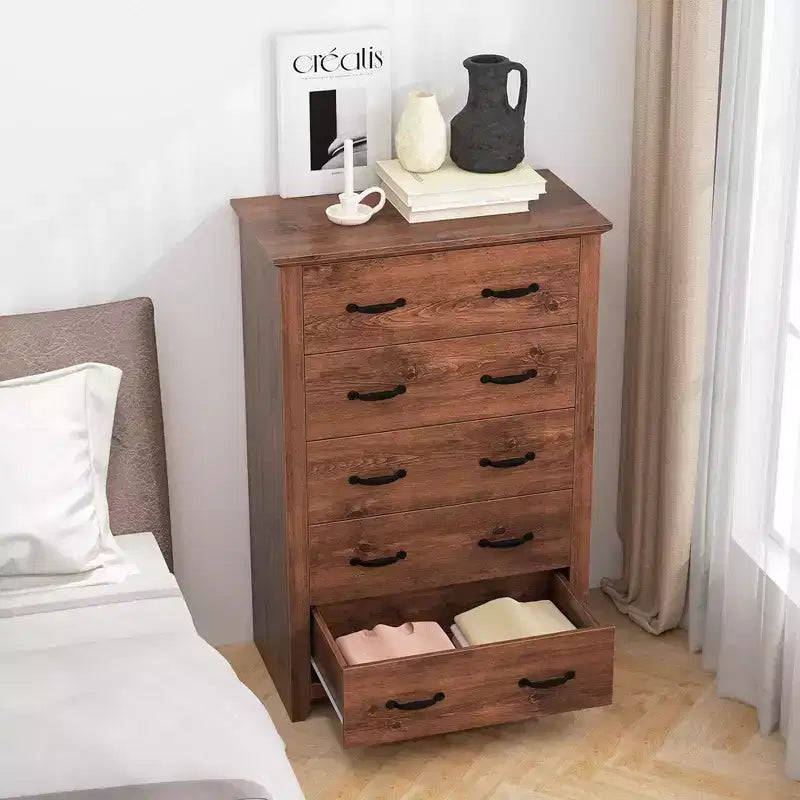 Commode de rangement à 5 tiroirs Armoire haute Meuble de rangement Chambre Couloir Gris foncé/Noyer