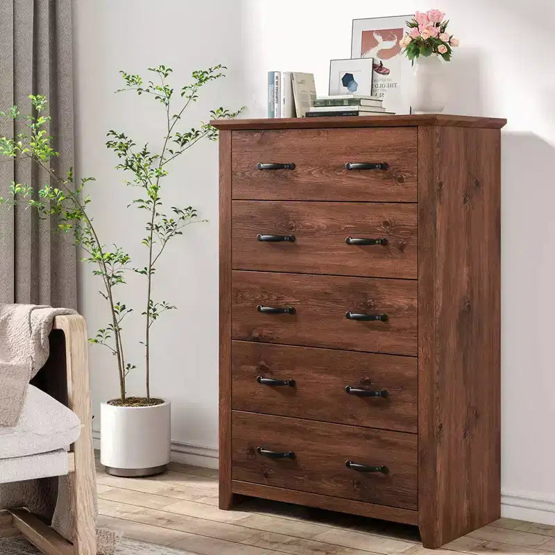 Commode de rangement à 5 tiroirs Armoire haute Meuble de rangement Chambre Couloir Gris foncé/Noyer