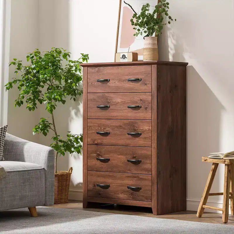 Commode de rangement à 5 tiroirs Armoire haute Meuble de rangement Chambre Couloir Gris foncé/Noyer