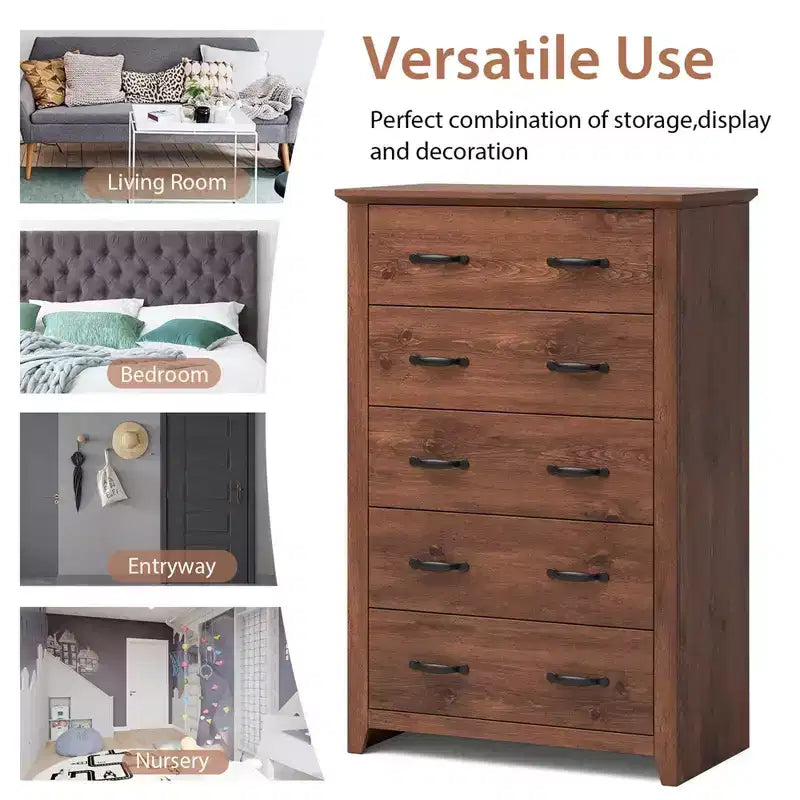 Commode de rangement à 5 tiroirs Armoire haute Meuble de rangement Chambre Couloir Gris foncé/Noyer
