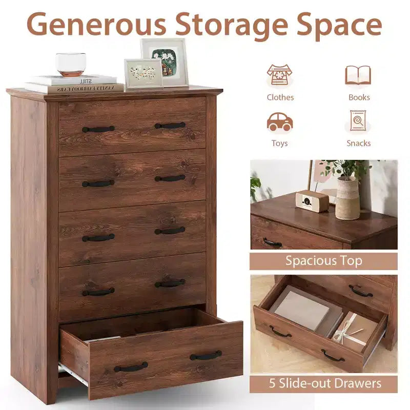 Commode de rangement à 5 tiroirs Armoire haute Meuble de rangement Chambre Couloir Gris foncé/Noyer