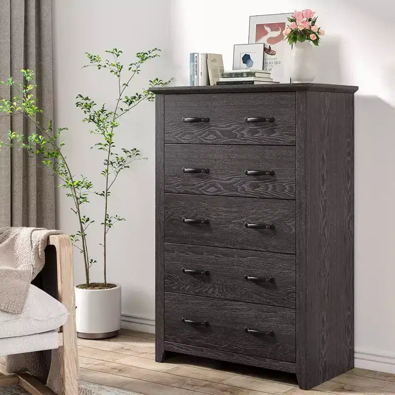 5 Drawer Chest Storage Dresser Tall Cabinet Organizer Bedroom Hallway Dark Grey/Walnut