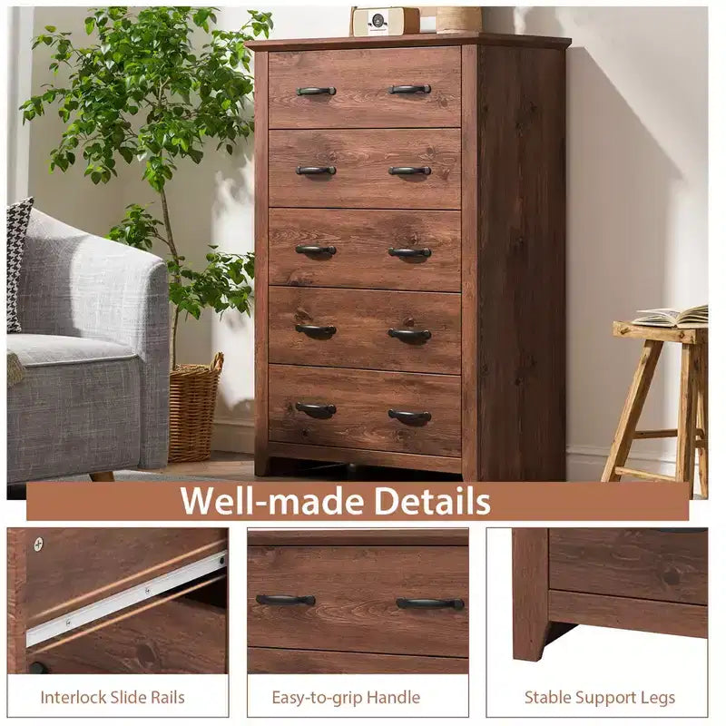 Commode de rangement à 5 tiroirs Armoire haute Meuble de rangement Chambre Couloir Gris foncé/Noyer