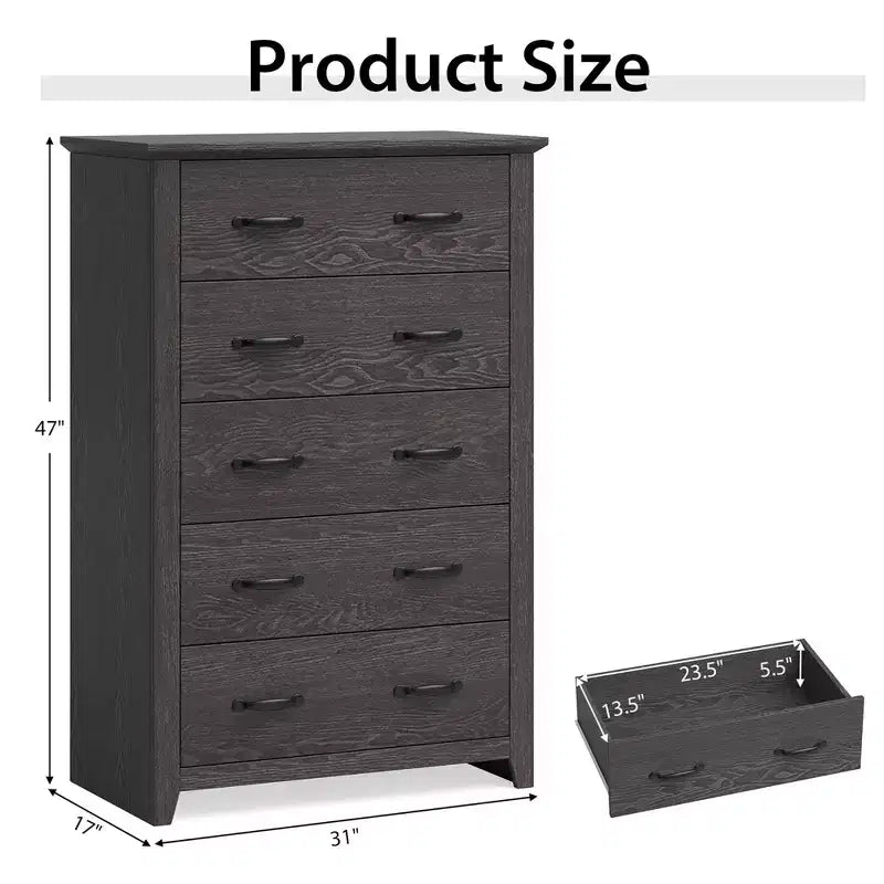Commode de rangement à 5 tiroirs Armoire haute Meuble de rangement Chambre Couloir Gris foncé/Noyer