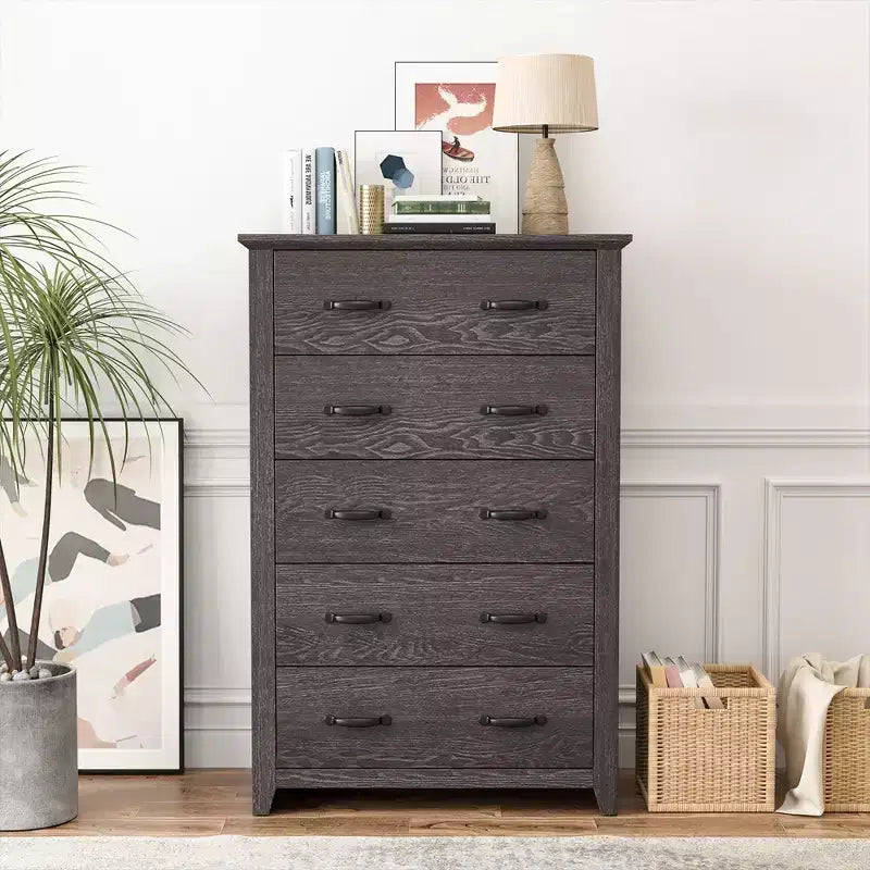 5 Drawer Chest Storage Dresser Tall Cabinet Organizer Bedroom Hallway Dark Grey/Walnut
