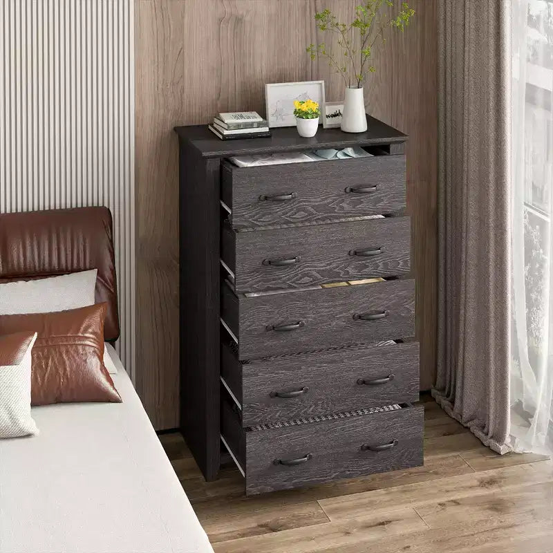 Commode de rangement à 5 tiroirs Armoire haute Meuble de rangement Chambre Couloir Gris foncé/Noyer