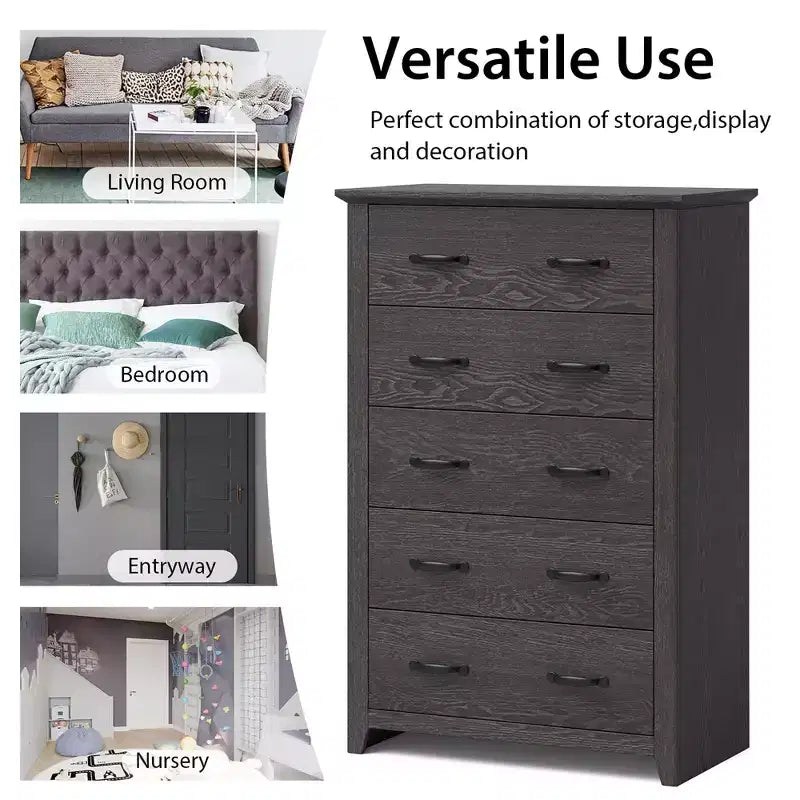5 Drawer Chest Storage Dresser Tall Cabinet Organizer Bedroom Hallway Dark Grey/Walnut
