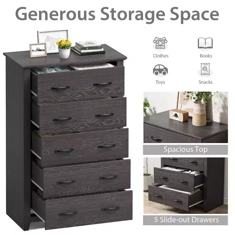 Commode de rangement à 5 tiroirs Armoire haute Meuble de rangement Chambre Couloir Gris foncé/Noyer