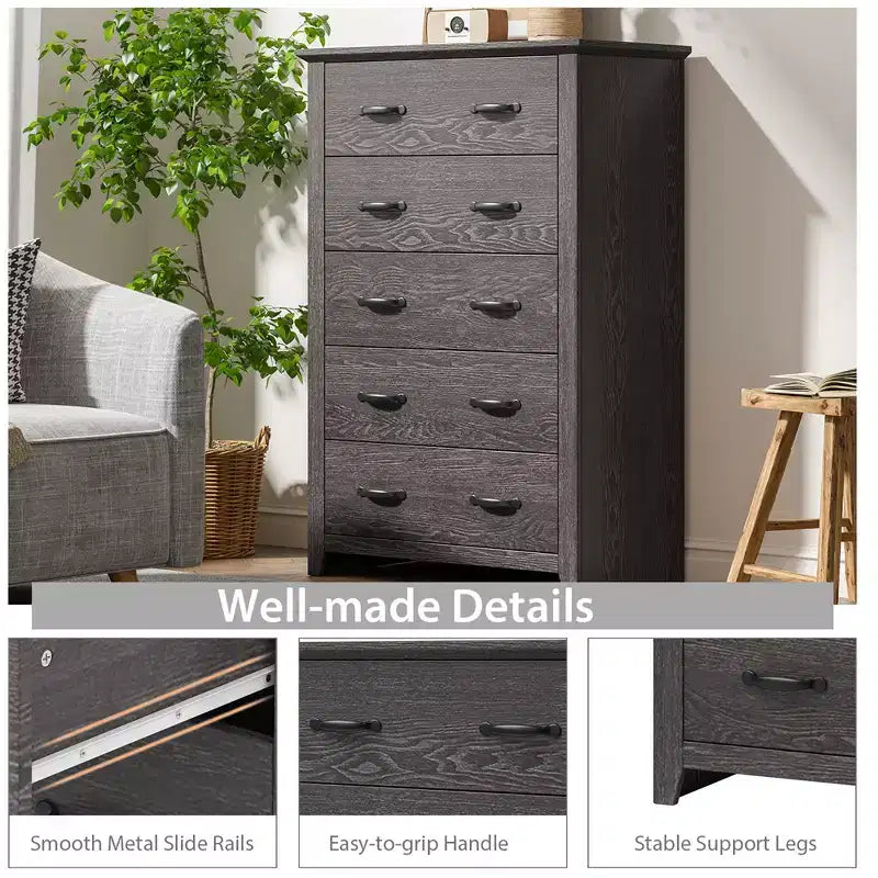 Commode de rangement à 5 tiroirs Armoire haute Meuble de rangement Chambre Couloir Gris foncé/Noyer